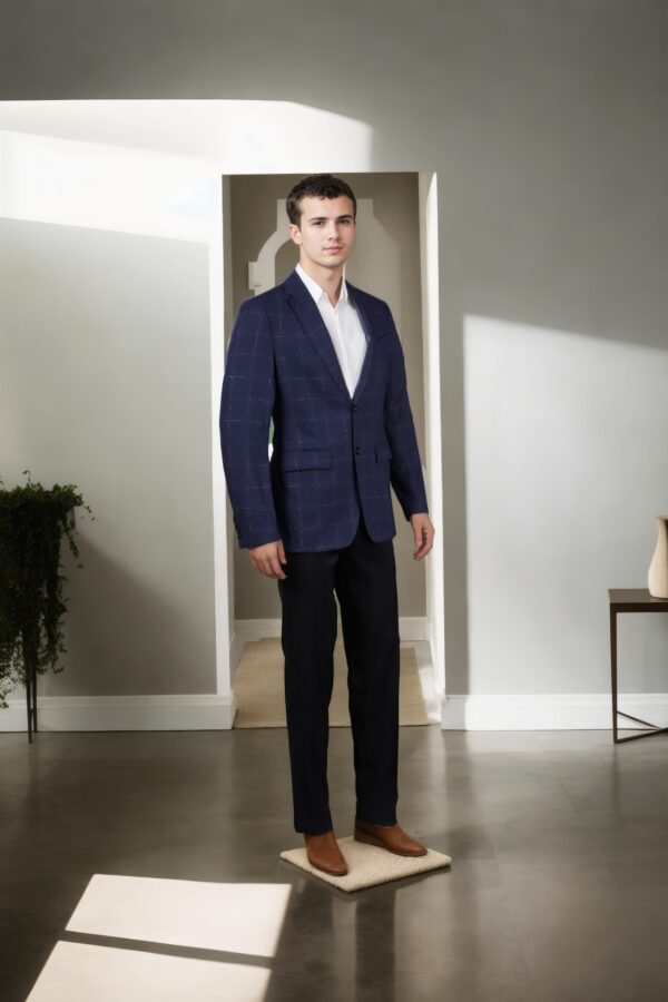 Navy Blue Linen Slim-Fit Formal Suit with Geometric Design, Notched Lapel Collar, Full Sleeves, and Formal Pants - Image 2