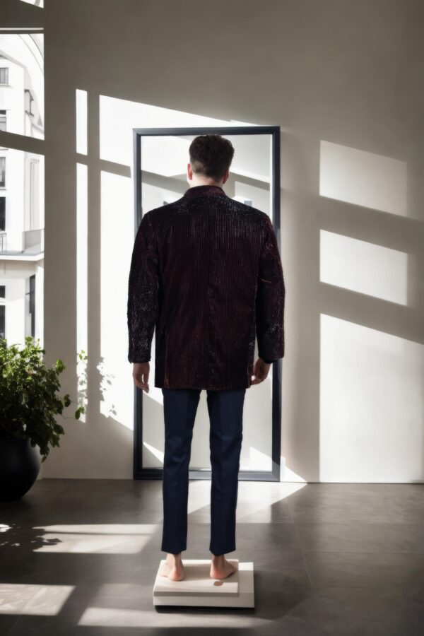 Brown Corduroy Pile Yarn Shining Solid Slim-Fit Casual Blazer - Notched Lapel, Single-Button Closure & Double Vent - Image 3
