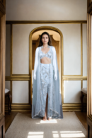 Graceful Sky Blue Net Gown with Beaded Cape & Sequin Detail - Perfect for Weddings & Evening Galas