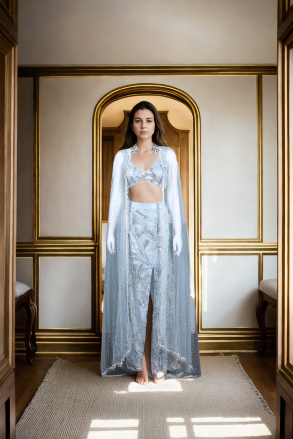 Graceful Sky Blue Net Gown with Beaded Cape & Sequin Detail - Perfect for Weddings & Evening Galas