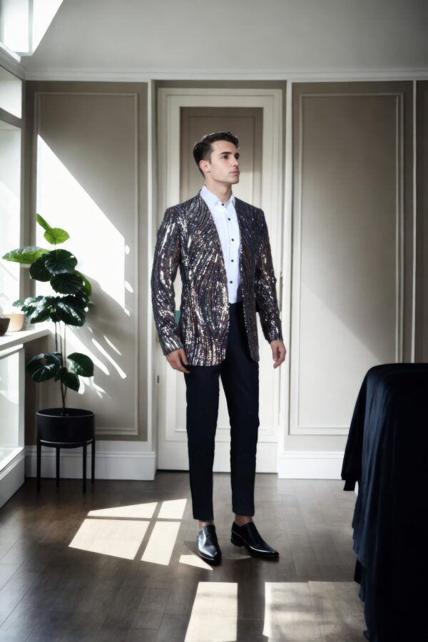Men's Black Polyester Blazer with Colorful Sequins Suit Coat - Full Sleeves for Parties & Events - Image 2
