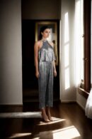 Chic Grey A-Line Dress with Halter Neckline and Striped Sleeveless Design - Knee-Length Casual & Evening Dress