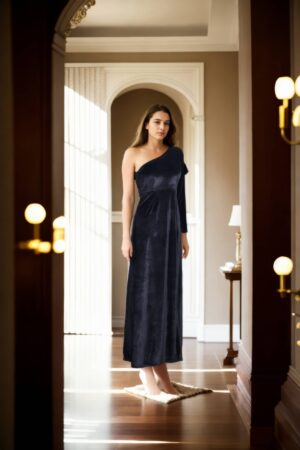 Black Velvet One-Shoulder Western Gown with Full Sleeve and Long Length - Glamorous Evening Wear