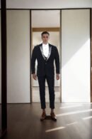 Black Suiting Slim-Fit Formal Suit - Notched Lapel Collar with White Abstract Design, Double-Button Closure & Double-Vented Back Hem