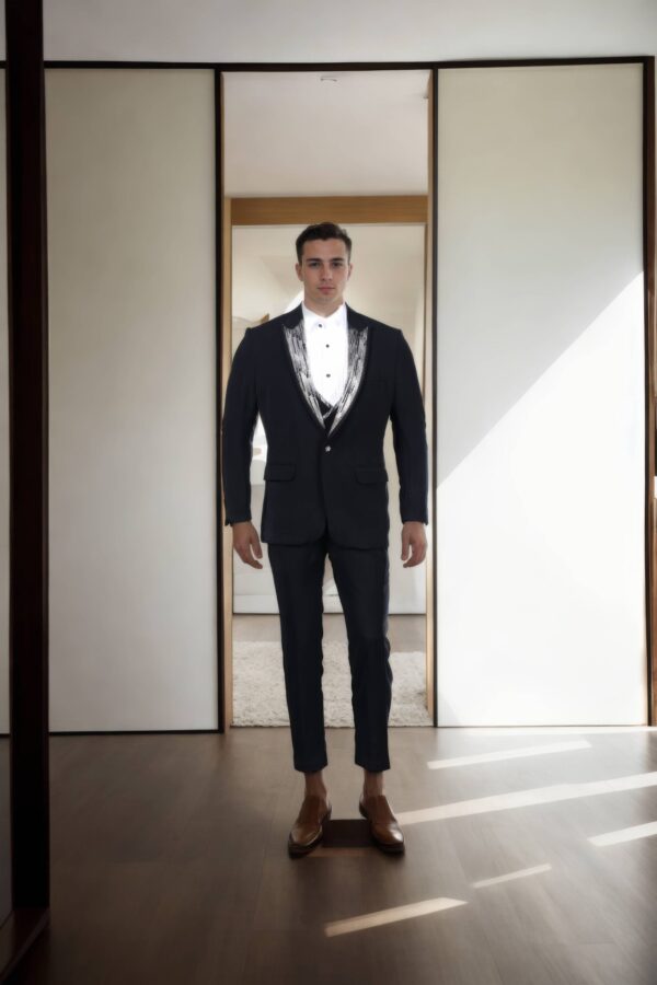 Black Suiting Slim-Fit Formal Suit - Notched Lapel Collar with White Abstract Design, Double-Button Closure & Double-Vented Back Hem