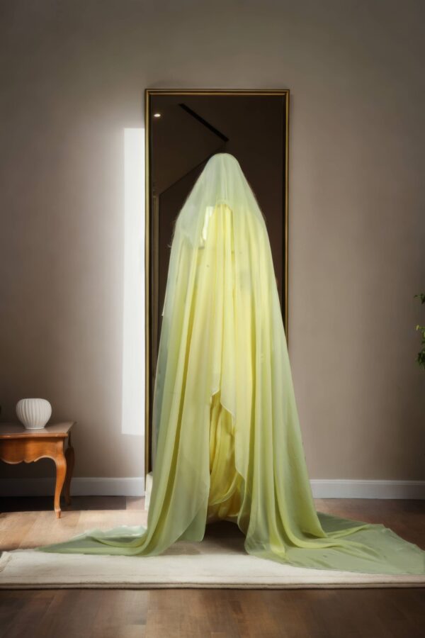 Elegant Light Yellow Raw Silk Indo-Western Draped Saree with Beaded Belt, Spaghetti Strap Blouse & Plain Dupatta - Perfect for Weddings & Special Occasions - Image 3