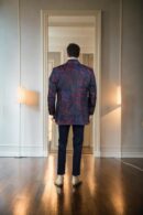 Red & Blue Floral Self-Woven Silk Blend Slim-Fit Blazer with Gold Patchwork Design - Notched Lapel & Double-Button Closure