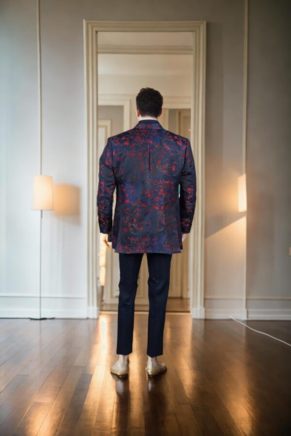 Red & Blue Floral Self-Woven Silk Blend Slim-Fit Blazer with Gold Patchwork Design - Notched Lapel & Double-Button Closure - Image 3