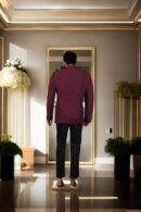 Luxurious Wine Denim Blazer with Notch Lapel Collar, Long Sleeves, Double-Button Closure, Flap & Chest Welt Pockets, Attached Lining & Double-Vented Back Hem - Perfect for Formal & Stylish Events
