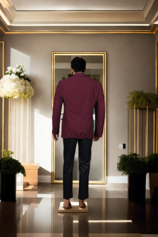 Luxurious Wine Denim Blazer with Notch Lapel Collar, Long Sleeves, Double-Button Closure, Flap & Chest Welt Pockets, Attached Lining & Double-Vented Back Hem - Perfect for Formal & Stylish Events - Image 3