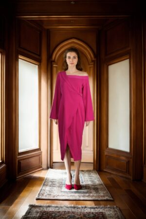 Pink Crepe Western Wear with Unique Drape Design, One-Shoulder, and Full Sleeve Detailing - Elegant Evening Wear