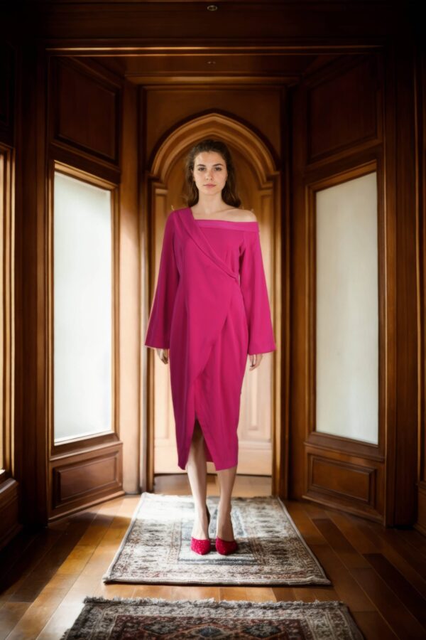 Pink Crepe Western Wear with Unique Drape Design, One-Shoulder, and Full Sleeve Detailing - Elegant Evening Wear