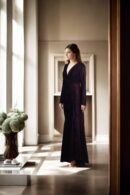 Dark Purple Velvet Western Dress with Pleated Details, V-Neck, Full Sleeves, and Long Length - Elegant Evening Dress