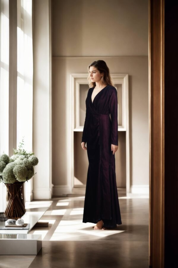 Dark Purple Velvet Western Dress with Pleated Details, V-Neck, Full Sleeves, and Long Length - Elegant Evening Dress - Image 2