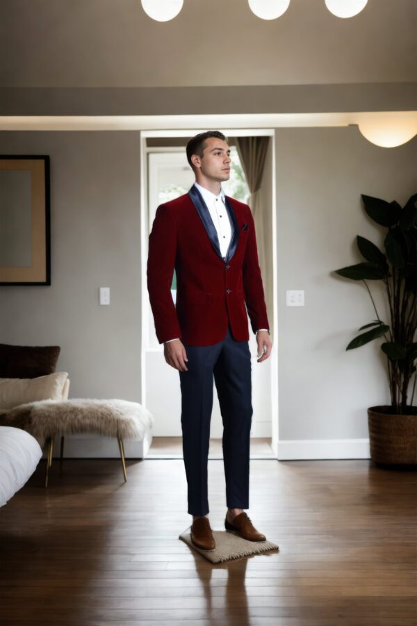 Maroon Velvet Blazer with Black Satin Shawl Collar - Perfect for Weddings & Formal Events - Image 4