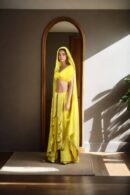 Stunning Yellow Silk Indo-Western Dhoti Dress with Sequin & Thread Work, Gold Lace Dupatta & One-Shoulder Pleated Blouse