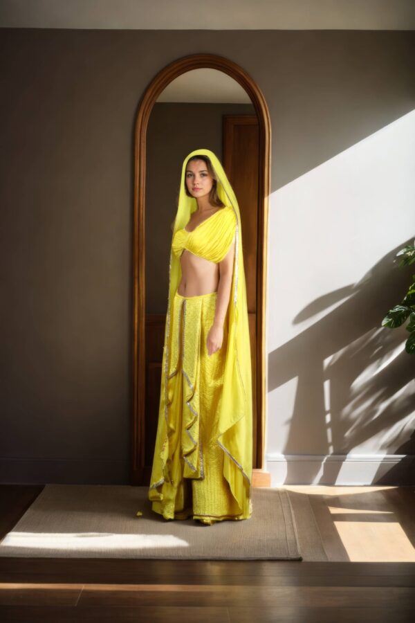 Stunning Yellow Silk Indo-Western Dhoti Dress with Sequin & Thread Work, Gold Lace Dupatta & One-Shoulder Pleated Blouse - Image 2