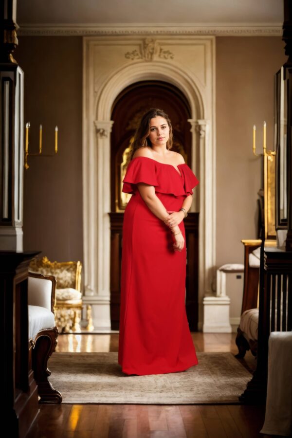 Elegant Red Suiting Fabric Gown with Off-Shoulder Design & Ruffle Detail for Special Occasions - Image 4
