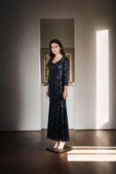 Black Sequin Bodycon Dress with Full Sleeves, Round Neckline & Net Attachment - Glamorous Evening Wear