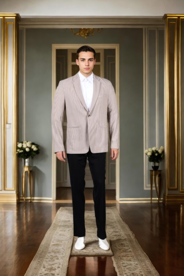 Beige Linen Blazer with Weave Design, Notch Lapel Collar, Double-Button Closure, Flap & Chest Welt Pockets, Attached Lining, and Double-Vented Back Hem