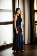Black Full Sequin Sleeveless Halter Neck Bodycon Maxi Dress with Thigh-High Slit & Beaded Belt Design
