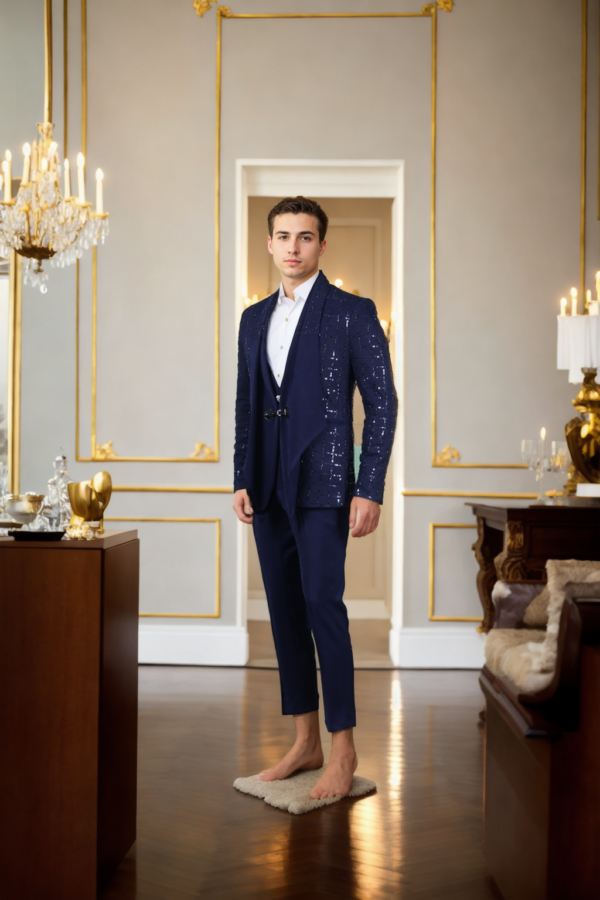 Luxurious Navy Blue Mink Fabric Suit with Sequin Net Front - Perfect for Weddings & Gala Events - Image 4