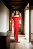 Red Wrap Gown with Scoop Neck, Back Opening, and Adjustable Sleeves - Elegant Evening Wear