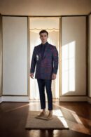 Red & Blue Floral Self-Woven Silk Blend Slim-Fit Blazer with Gold Patchwork Design - Notched Lapel & Double-Button Closure
