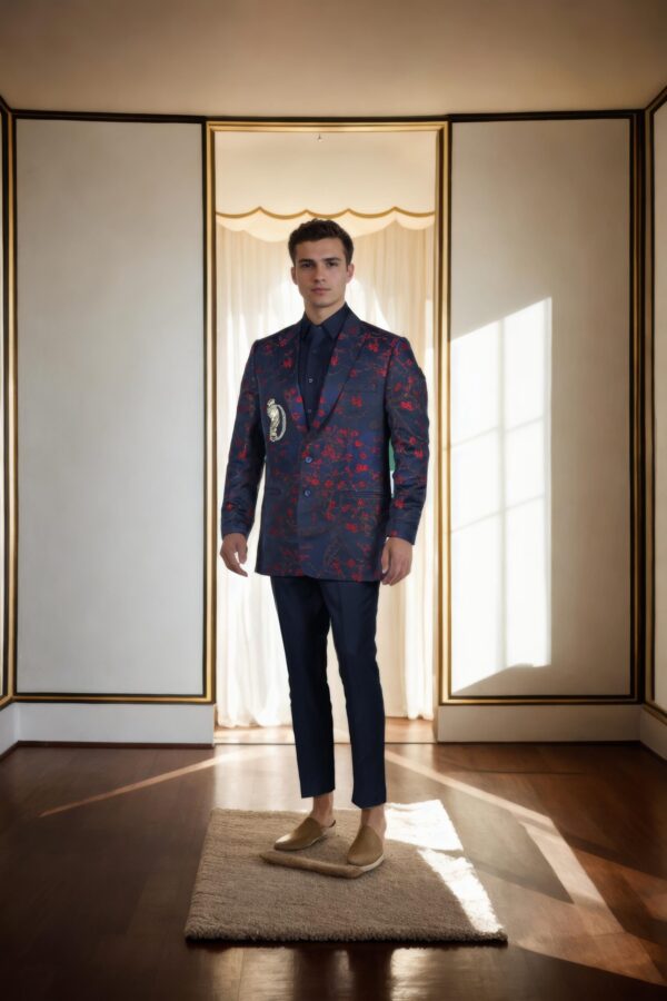 Red & Blue Floral Self-Woven Silk Blend Slim-Fit Blazer with Gold Patchwork Design - Notched Lapel & Double-Button Closure - Image 4