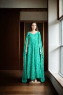 Caribbean Green Feathered Western Gown with V-Neckline and Full Long Designer Sleeves - Elegant Evening Wear