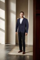 Navy Blue Cotton-Viscose Slim-Fit Formal Suit with Geometric Design, Notched Lapel Collar, Full Sleeves, and Formal Pants