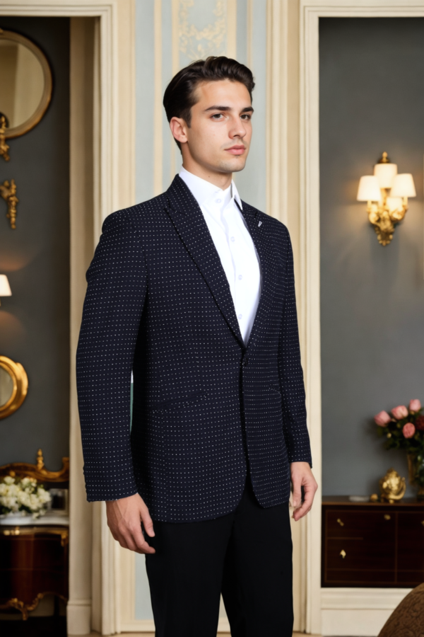 Mens Navy Blue Printed Single-Breasted Blazer with Notched Lapel - Elegant & Contemporary Style - Image 3