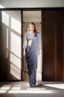 Sophisticated Grey Organza Readymade Drape Saree with One-Shoulder Tube Blouse & Pleated Sleeve Design - Perfect for Elegant Events