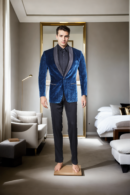 Luxurious Prussia Blue Corduroy Blazer - Shining Pile Yarn with Black Satin Shawl Collar