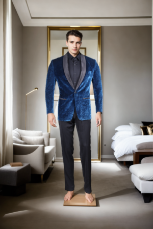 Luxurious Prussia Blue Corduroy Blazer - Shining Pile Yarn with Black Satin Shawl Collar
