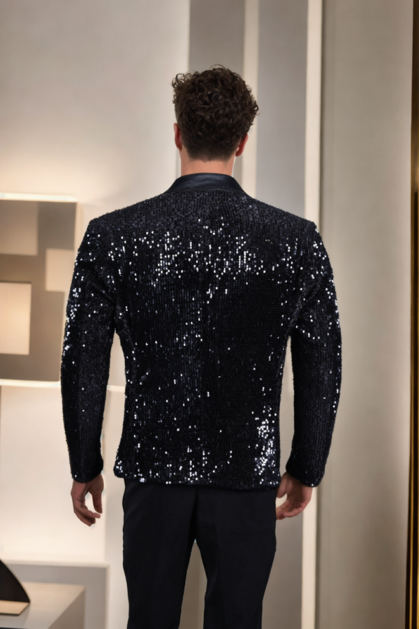 Edgy Black Sequin Blazer with Satin Lapel - Perfect for Weddings & Glamorous Events - Image 2