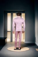 Cherry Blossom Pink Net Suit with Pearls, Beads & Sequin Work - Silk Satin Shawl Collar with Button Design, Full Sleeves & A-Line Pants