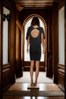 Black Embellished Sheath Dress with Three-Quarter Cutout Sleeves and Above Knee-Length Straight Hem