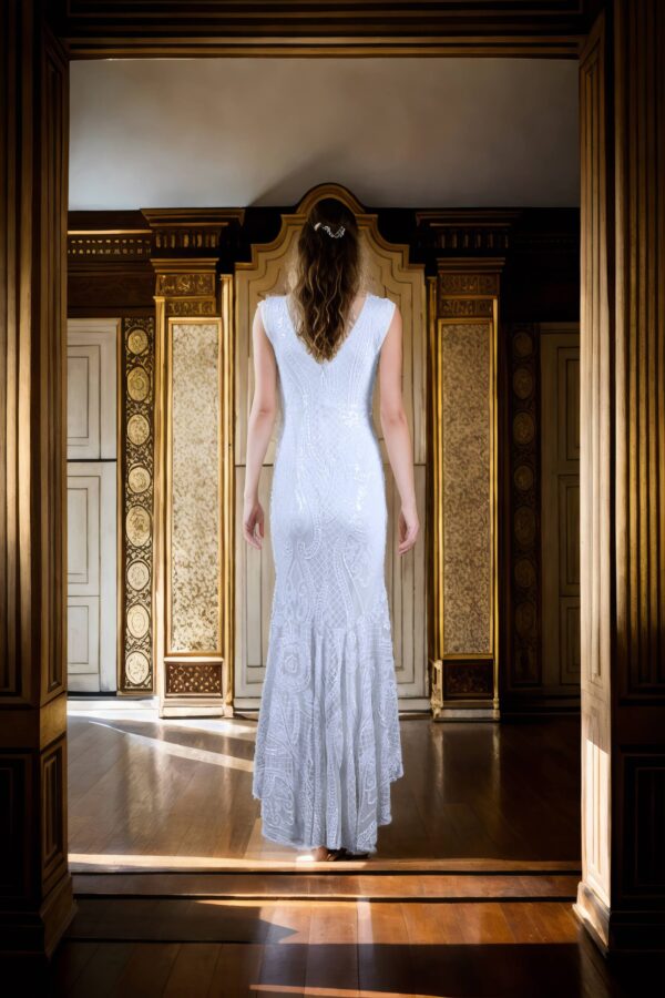 White Net Gown with Abstract Sequin Design & V-Neckline - Perfect for Sophisticated Evenings - Image 3