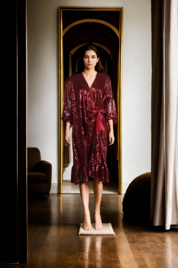 Red Sequin Wrap Dress with Side Knot and Bottom Frills - Glamorous Evening Wear