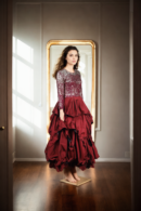 Maroon Georgette Sequin Western Gown with Box Pleated Skirt - Elegant Evening Wear