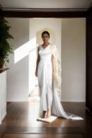 White Silk Satin Draped Saree with Bead Work & Leggings Bottom - Modern Fusion Wear
