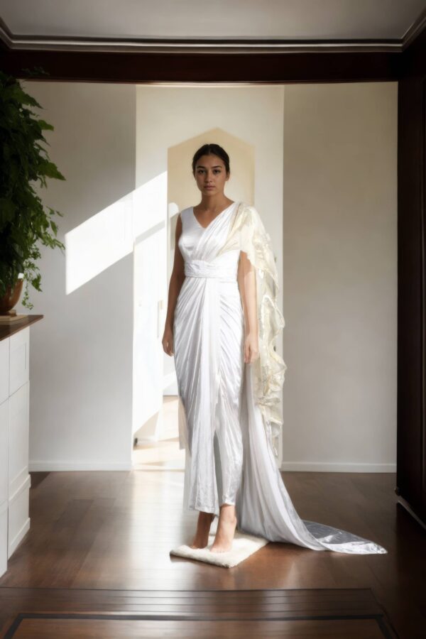 White Silk Satin Draped Saree with Bead Work & Leggings Bottom - Modern Fusion Wear - Image 2