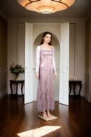 Baby Pink Bodycon Dress with Feather, Sequin, and Bead Details, Square Neckline & Full Sleeves - Elegant Evening Wear