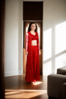 Elegant Red Net Gown with Sleeveless Blouse & Sequin Jacket Perfect for Parties Celebrations