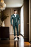 Green Georgette Suit with Self Embroidery & Sequin Work - Waistcoat with Shawl Collar, Geometric Embroidery Design & A-Line Pants