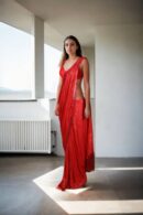 Dazzling Red Full Sequin Work Readymade Drape Saree with Fringe Work Design & Sleeveless Princess-Cut Sweetheart Neckline Blouse - Perfect for Glamorous Events