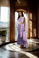 Elegant Lavender Net Fish Cut Skirt with Beads, Pearls & Sequin Work, Sleeveless Padded Blouse with Side Shoulder & Three-Layer Frilled Net Dupatta - Perfect for Weddings & Special Occasions
