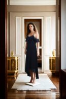 Black Georgette Strap Shoulder Ruffle Dress with V-Neckline & Stone Bead & Sequin Details - Elegant Evening Wear