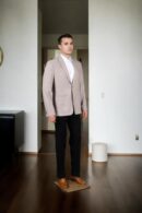 Beige Linen Blazer with Weave Design, Notch Lapel Collar, Double-Button Closure, Flap & Chest Welt Pockets, Attached Lining, and Double-Vented Back Hem